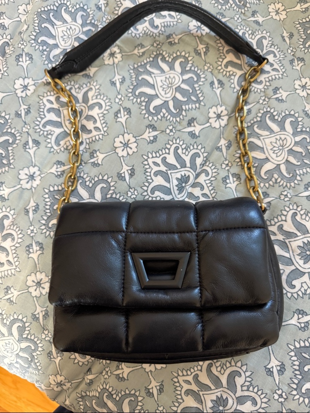 Black Quilted Faux Leather Shoulder Bag with Gold Chain